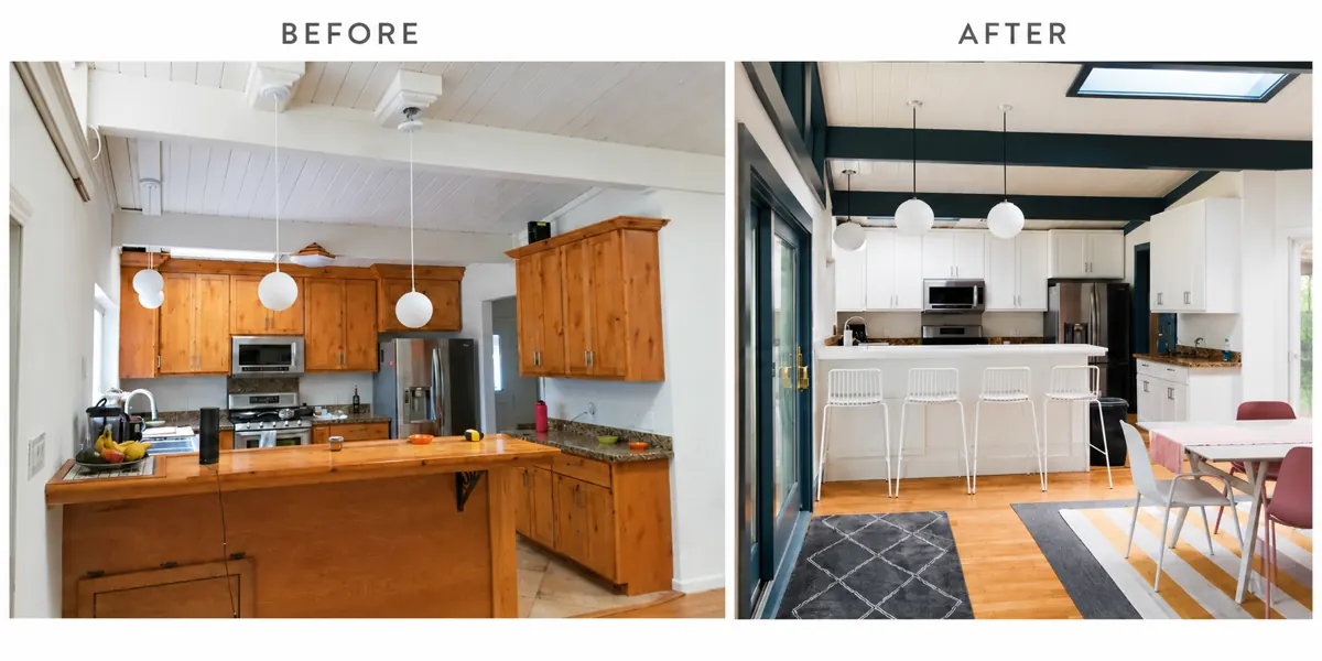 Real kitchen before and after remodeling, with wood cabinetry before and white cabinetry after