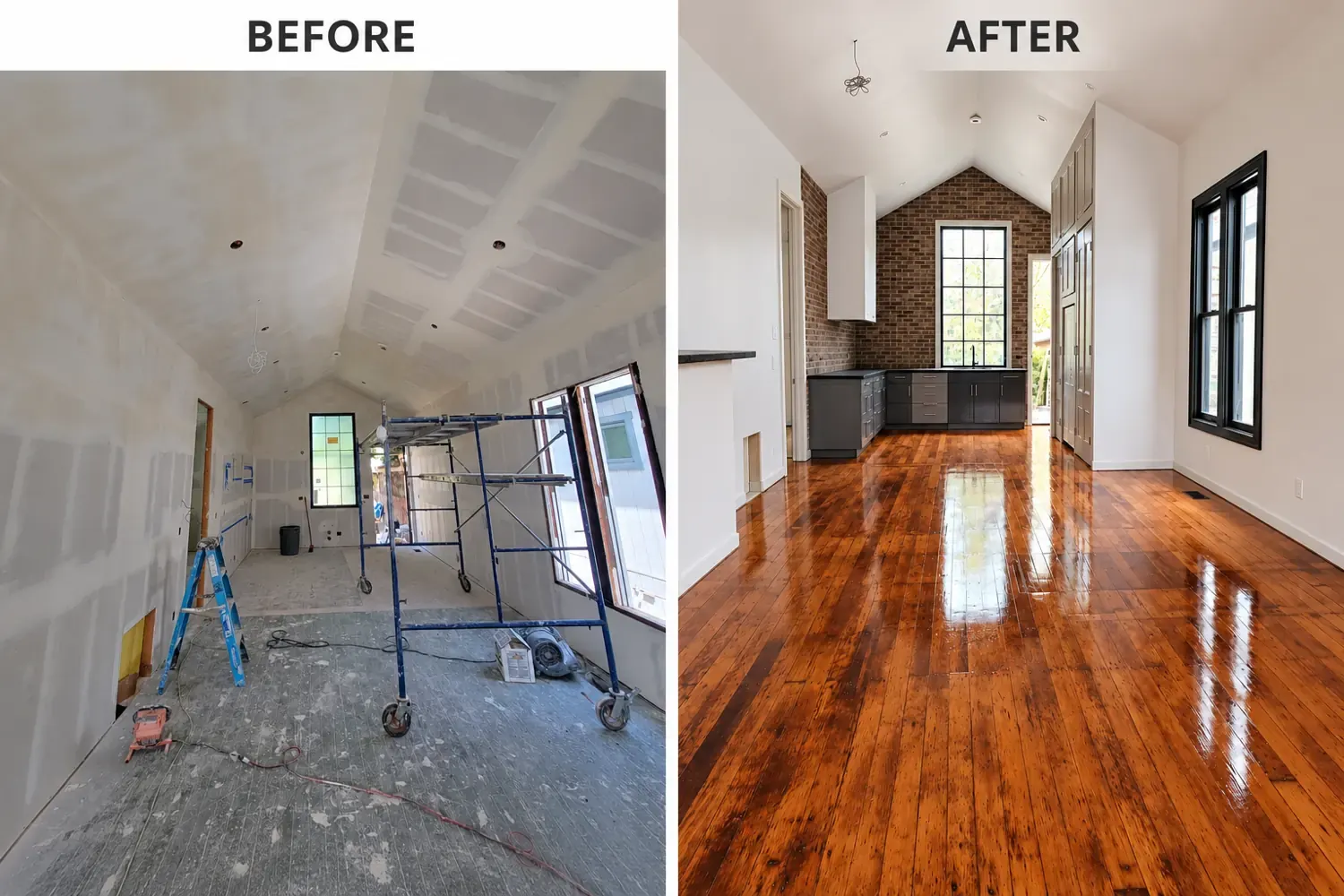 Vaulted living space during construction and after the remodel