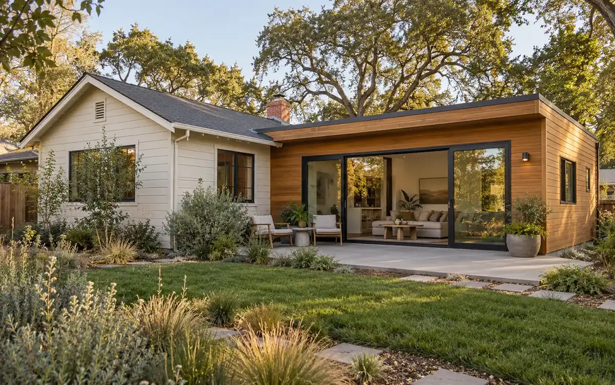 Single-story home with a new rear addition and sliding glass doors