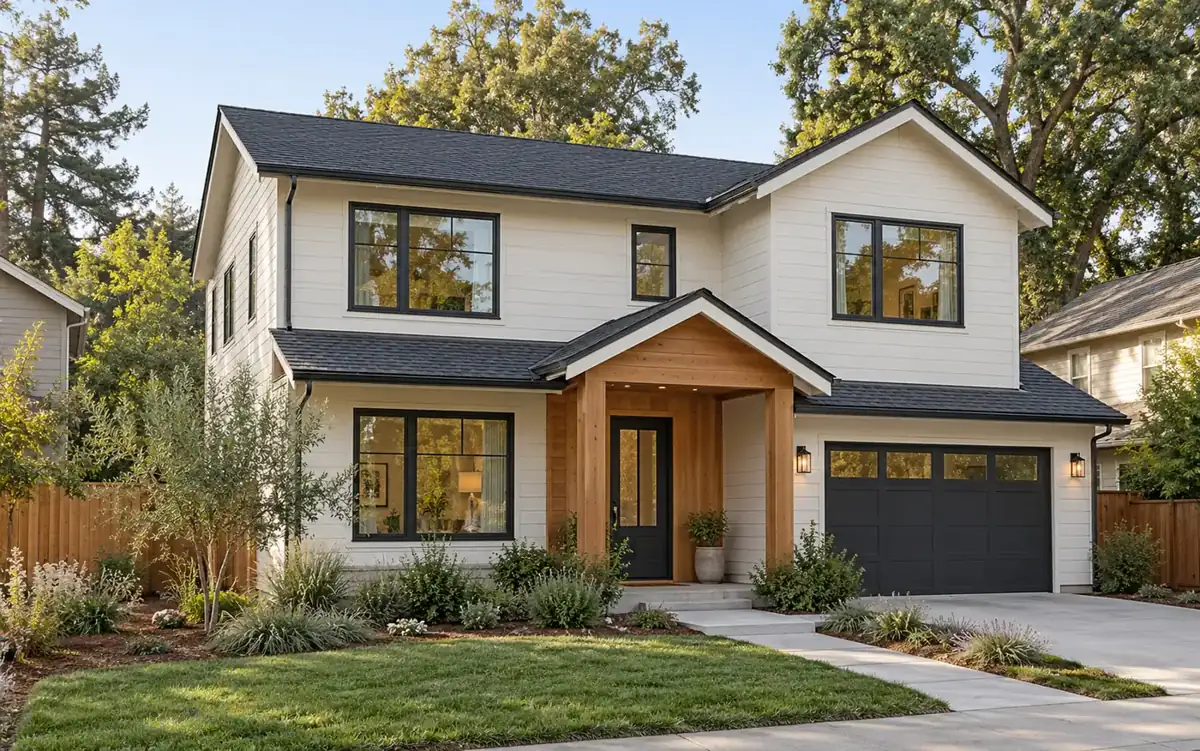 Rebuilt two-story home with new siding, windows and garage