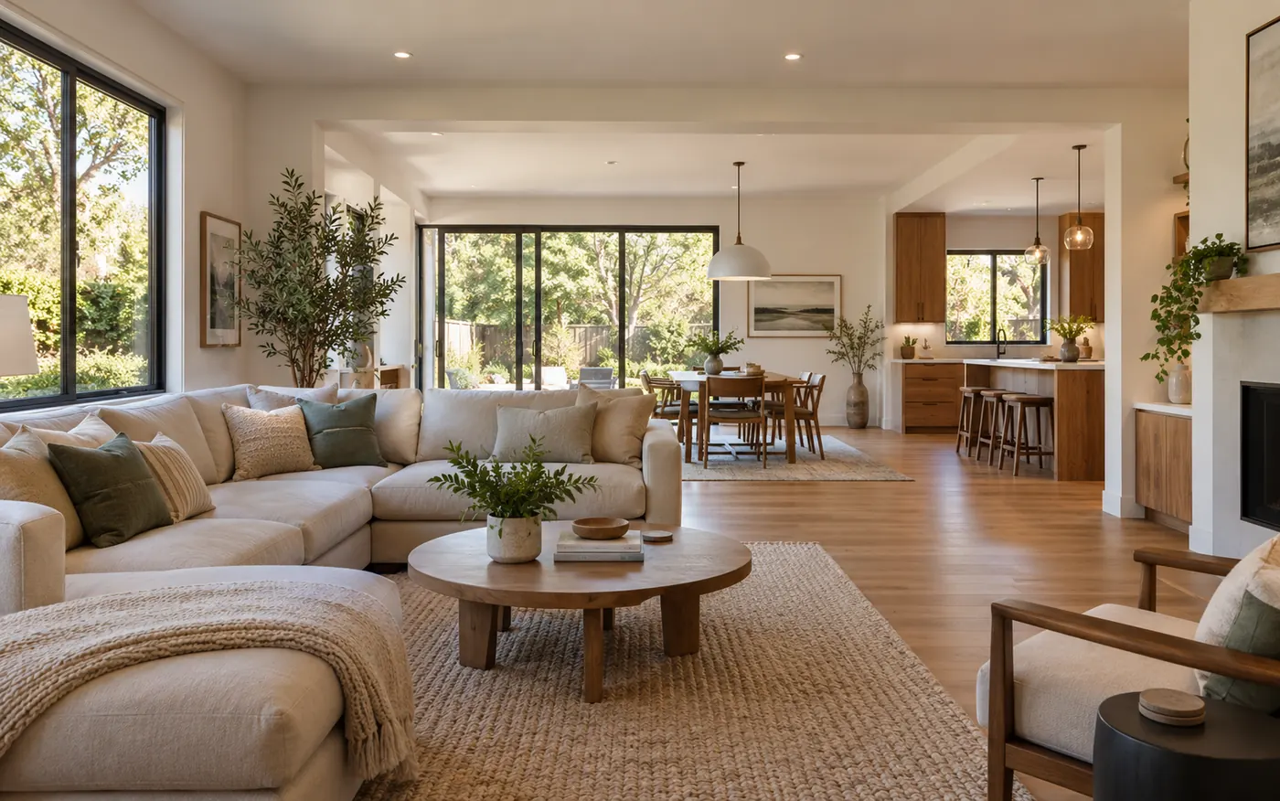 Open-plan living room and kitchen after a whole house remodel